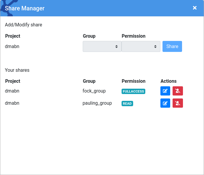 Share project dialog